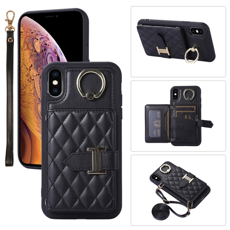 

For iPhone XS Max Horizontal Card Bag Ring Holder Phone Case with Dual Lanyard(Black)
