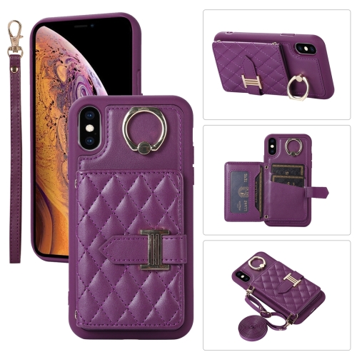 

For iPhone XS Max Horizontal Card Bag Ring Holder Phone Case with Dual Lanyard(Purple)