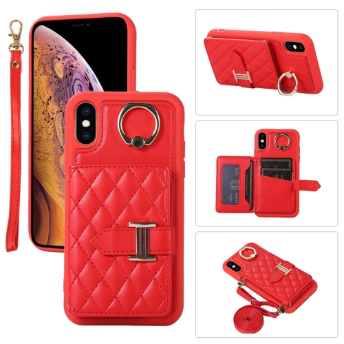 

For iPhone X / XS Horizontal Card Bag Ring Holder Phone Case with Dual Lanyard(Red)