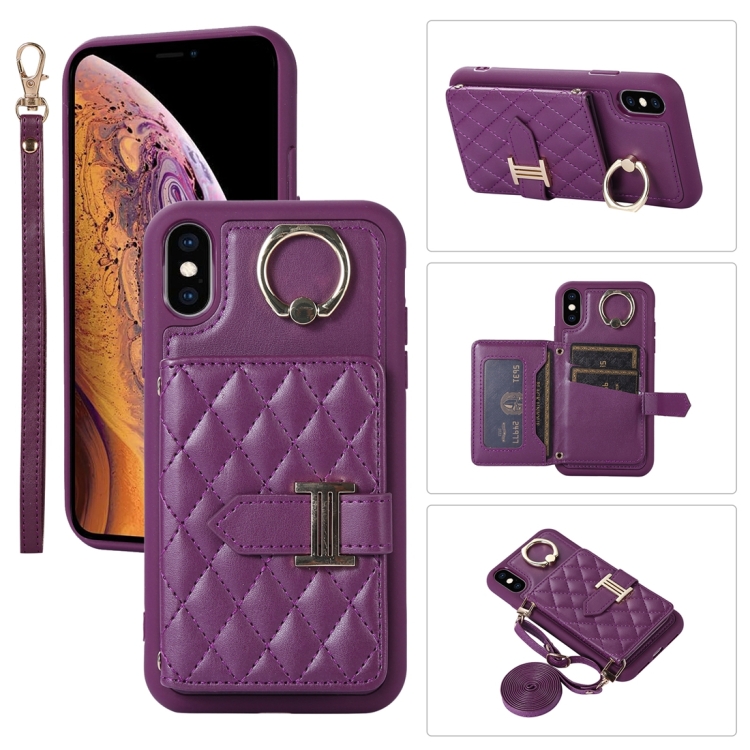 

For iPhone X / XS Horizontal Card Bag Ring Holder Phone Case with Dual Lanyard(Purple)