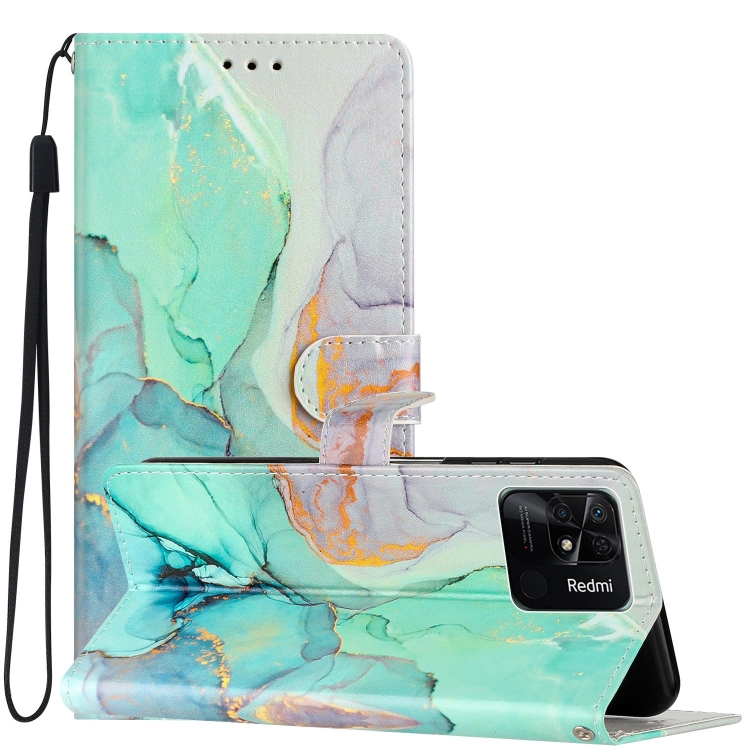 

For Xiaomi Redmi 10C Colored Drawing Leather Phone Case(Green Marble)