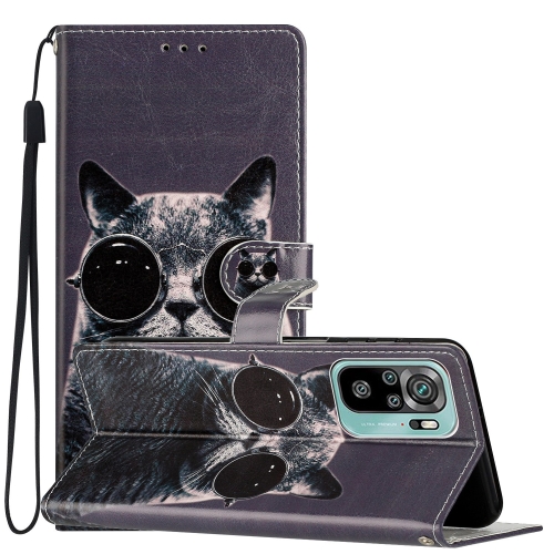 

For Xiaomi Redmi Note 10 4G Colored Drawing Leather Phone Case(Sunglasses Cat)