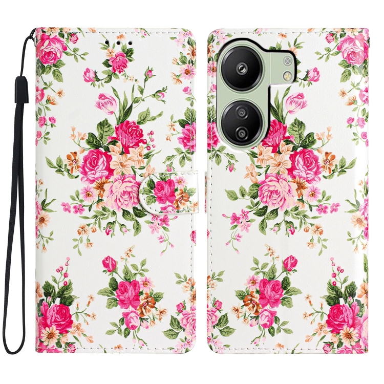 

For Xiaomi Redmi 13C Colored Drawing Leather Phone Case(Peonies)