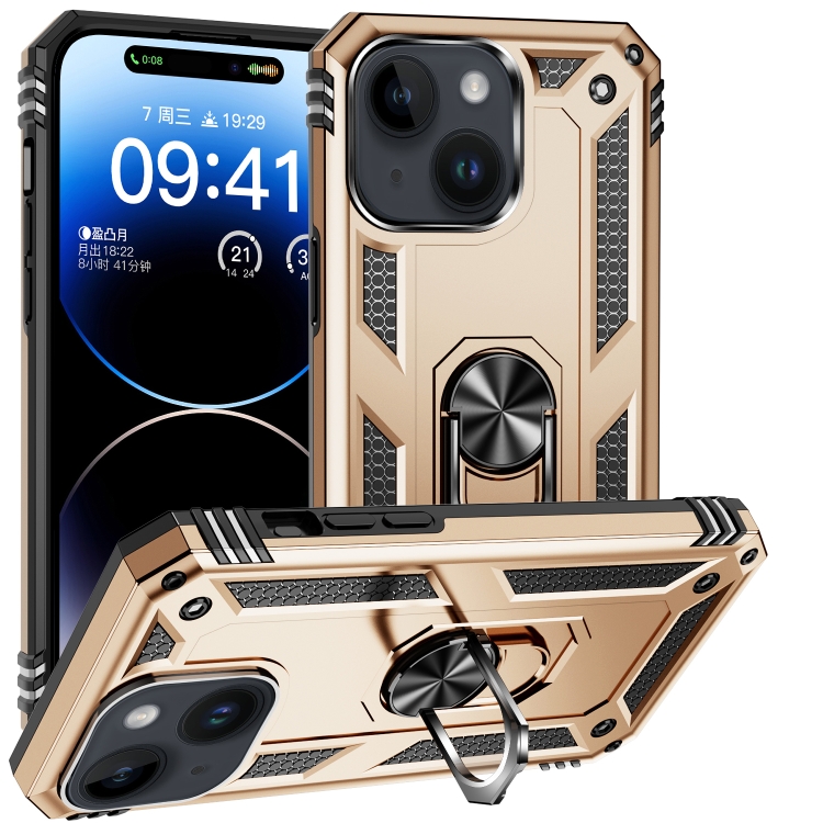 

For iPhone 15 Shockproof TPU + PC Phone Case with Holder(Gold)
