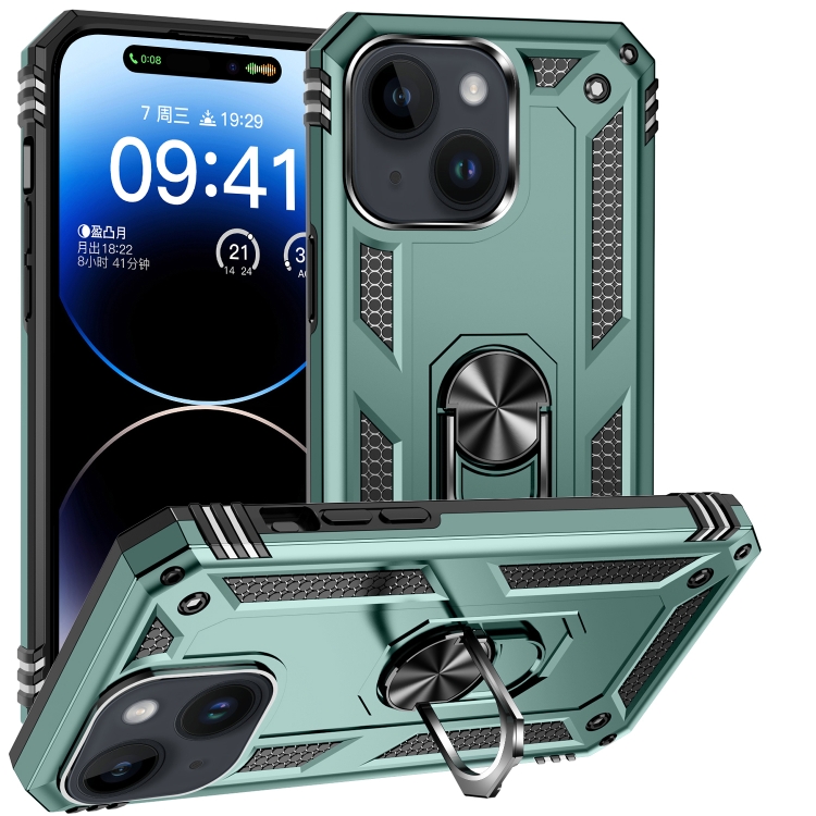 

For iPhone 15 Shockproof TPU + PC Phone Case with Holder(Dark Green)