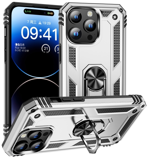 For iPhone 15 Pro Shockproof TPU + PC Phone Case with Holder(Silver) for iphone 11 magsafe magnetic rotating holder phone case lake blue