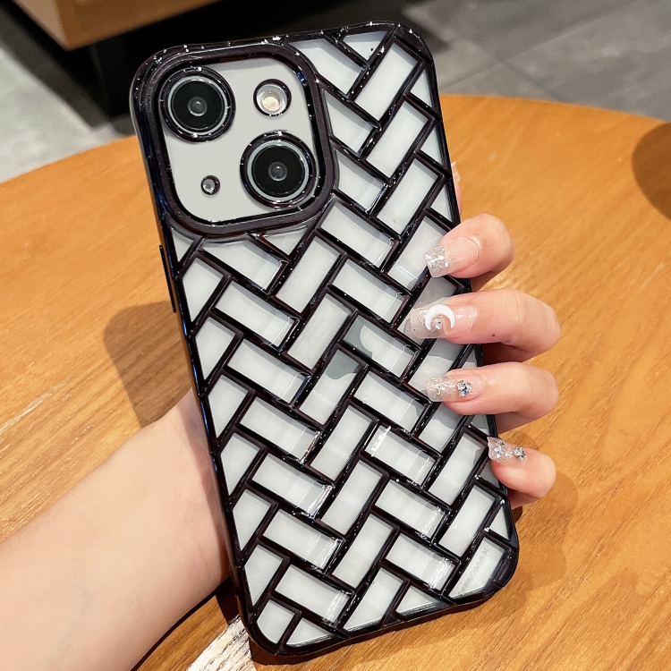 

For iPhone 14 Woven Grid 3D Electroplating Laser Engraving Phone Case(Black)