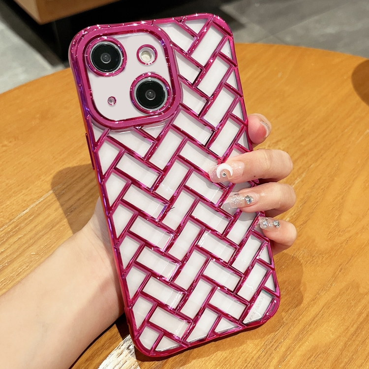 

For iPhone 14 Woven Grid 3D Electroplating Laser Engraving Phone Case(Rose Red)