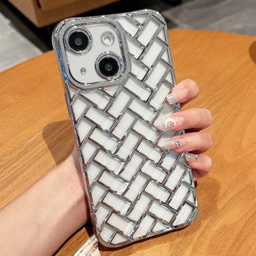 

For iPhone 14 Woven Grid 3D Electroplating Laser Engraving Phone Case(Silver)