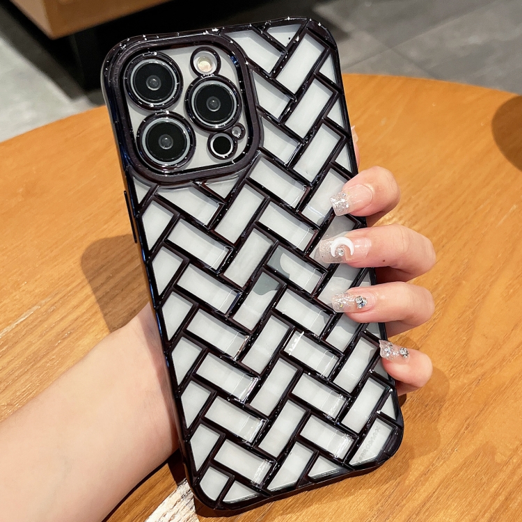 

For iPhone 14 Pro Woven Grid 3D Electroplating Laser Engraving Phone Case(Black)