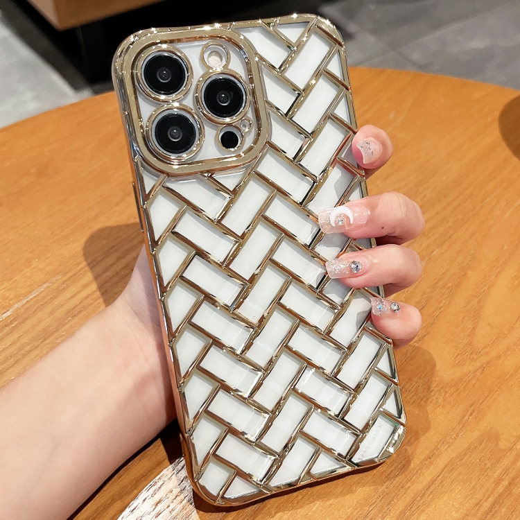 

For iPhone 14 Pro Woven Grid 3D Electroplating Laser Engraving Phone Case(Gold)