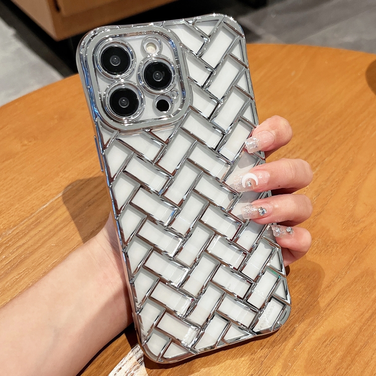 

For iPhone 14 Pro Woven Grid 3D Electroplating Laser Engraving Phone Case(Silver)