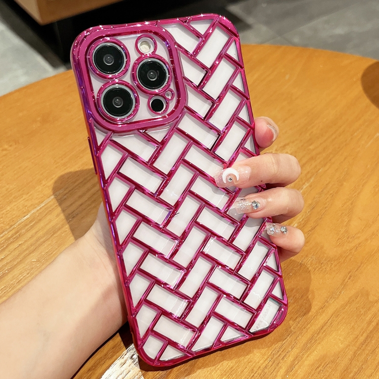 

For iPhone 14 Pro Max Woven Grid 3D Electroplating Laser Engraving Phone Case(Rose Red)