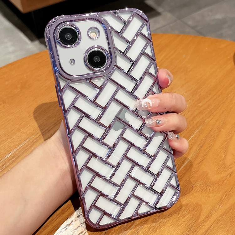

For iPhone 13 Woven Grid 3D Electroplating Laser Engraving Phone Case(Purple)