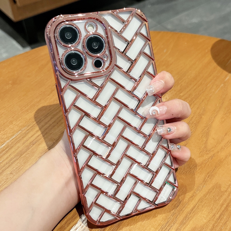 

For iPhone 12 Pro Max Woven Grid 3D Electroplating Laser Engraving Phone Case(Rose Gold)