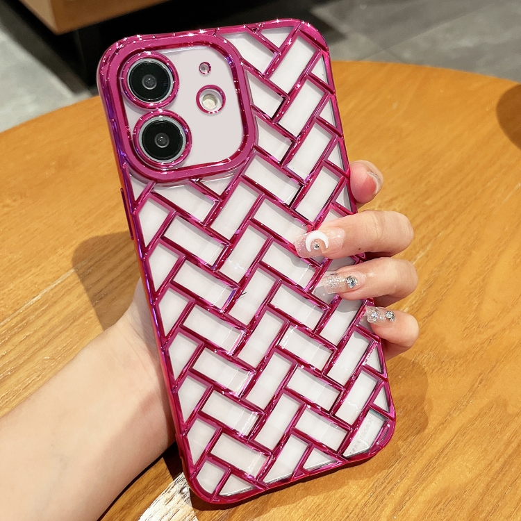 

For iPhone 11 Woven Grid 3D Electroplating Laser Engraving Phone Case(Rose Red)
