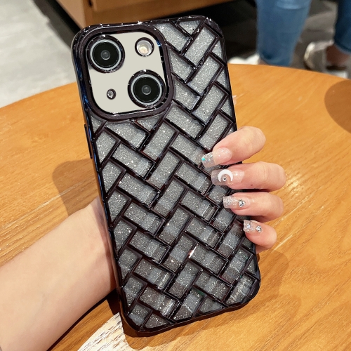 

For iPhone 14 Woven Grid 3D Electroplating Laser Engraving Glitter Paper Phone Case(Black)