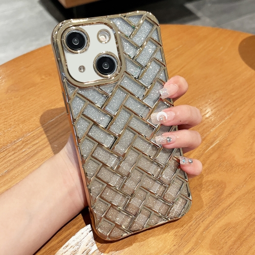 

For iPhone 14 Woven Grid 3D Electroplating Laser Engraving Glitter Paper Phone Case(Gold)