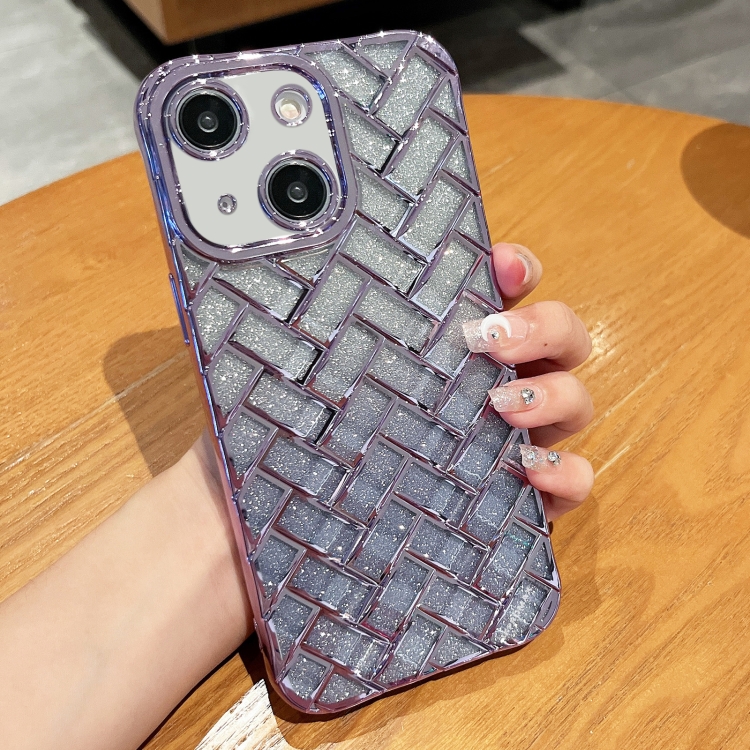 

For iPhone 14 Woven Grid 3D Electroplating Laser Engraving Glitter Paper Phone Case(Purple)