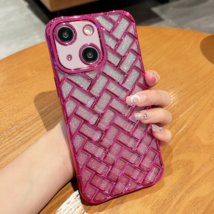 

For iPhone 14 Woven Grid 3D Electroplating Laser Engraving Glitter Paper Phone Case(Rose Red)