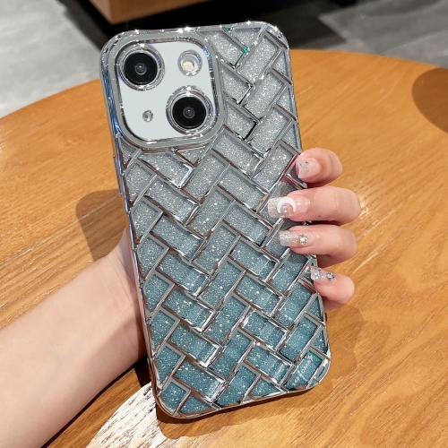 

For iPhone 14 Woven Grid 3D Electroplating Laser Engraving Glitter Paper Phone Case(Silver)