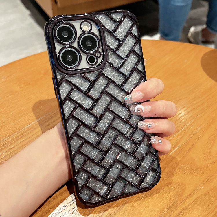 

For iPhone 14 Pro Woven Grid 3D Electroplating Laser Engraving Glitter Paper Phone Case(Black)