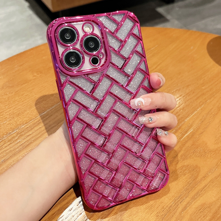 

For iPhone 14 Pro Woven Grid 3D Electroplating Laser Engraving Glitter Paper Phone Case(Rose Red)