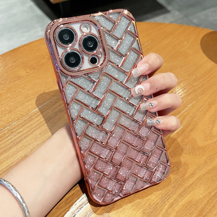 

For iPhone 14 Pro Max Woven Grid 3D Electroplating Laser Engraving Glitter Paper Phone Case(Rose Gold)