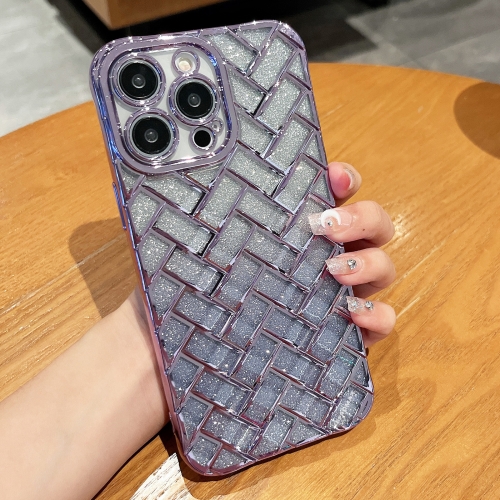 

For iPhone 13 Pro Max Woven Grid 3D Electroplating Laser Engraving Glitter Paper Phone Case(Purple)