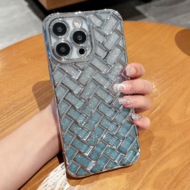 

For iPhone 13 Pro Max Woven Grid 3D Electroplating Laser Engraving Glitter Paper Phone Case(Silver)