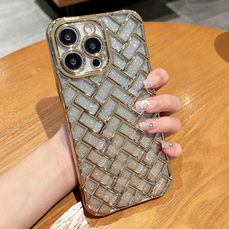 

For iPhone 13 Pro Woven Grid 3D Electroplating Laser Engraving Glitter Paper Phone Case(Gold)