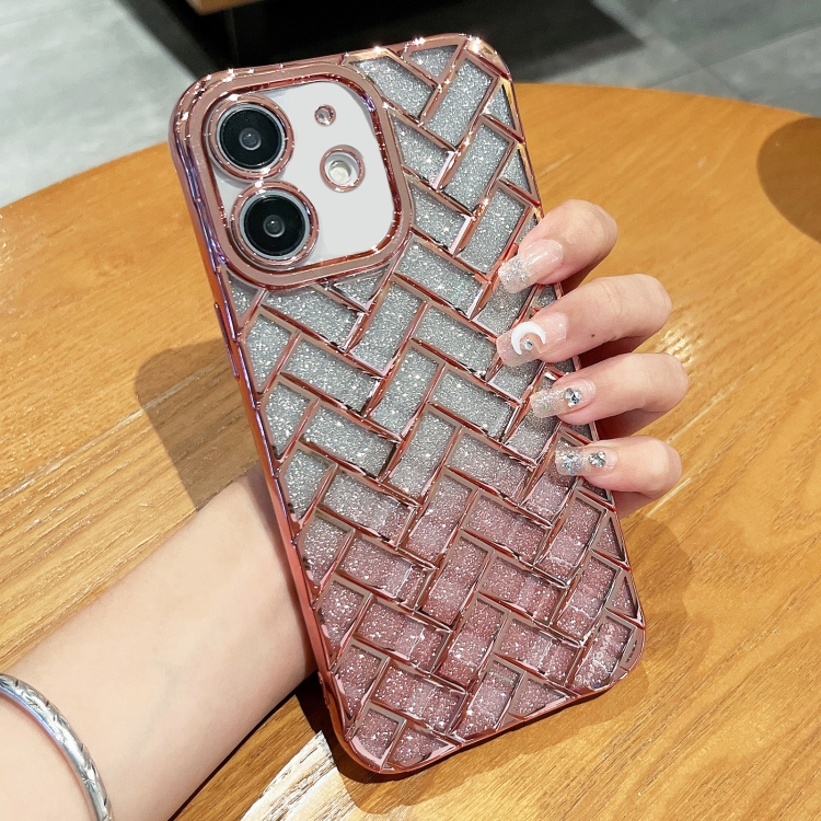 

For iPhone 12 Woven Grid 3D Electroplating Laser Engraving Glitter Paper Phone Case(Rose Gold)