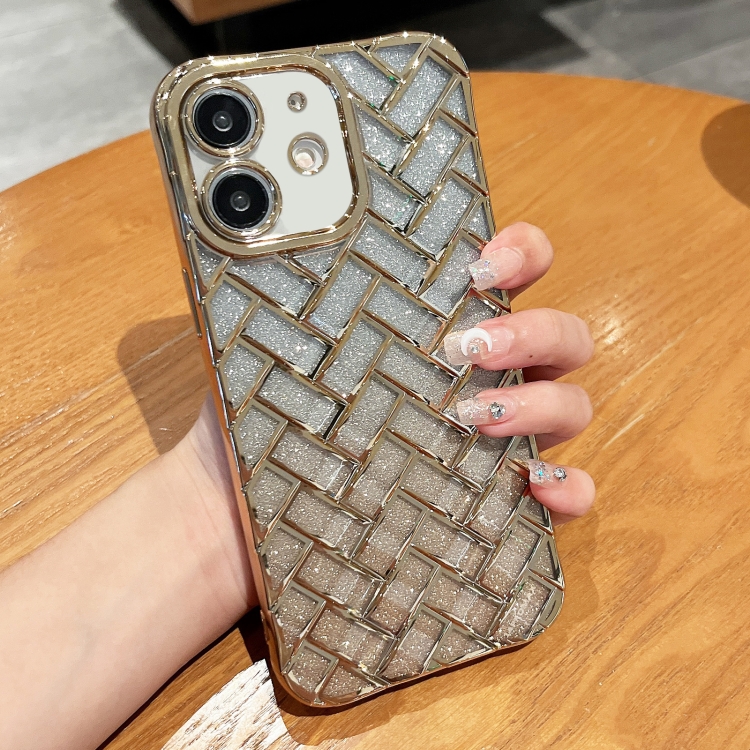 

For iPhone 12 Woven Grid 3D Electroplating Laser Engraving Glitter Paper Phone Case(Gold)