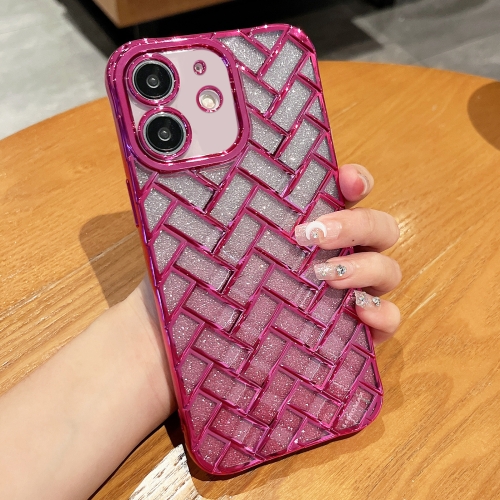 

For iPhone 12 Woven Grid 3D Electroplating Laser Engraving Glitter Paper Phone Case(Rose Red)