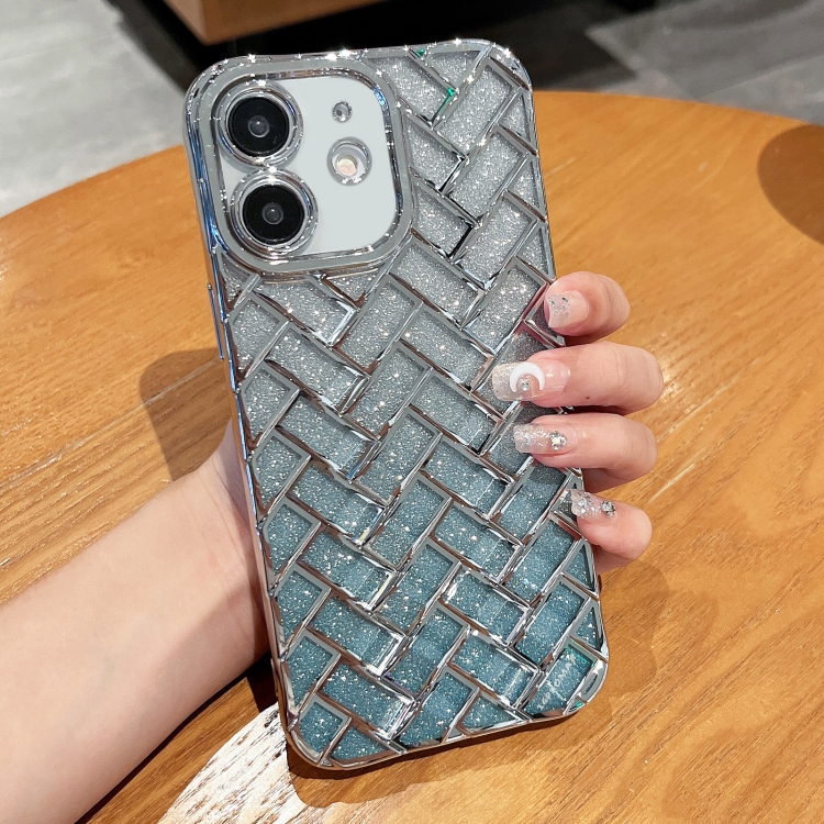 

For iPhone 12 Woven Grid 3D Electroplating Laser Engraving Glitter Paper Phone Case(Silver)