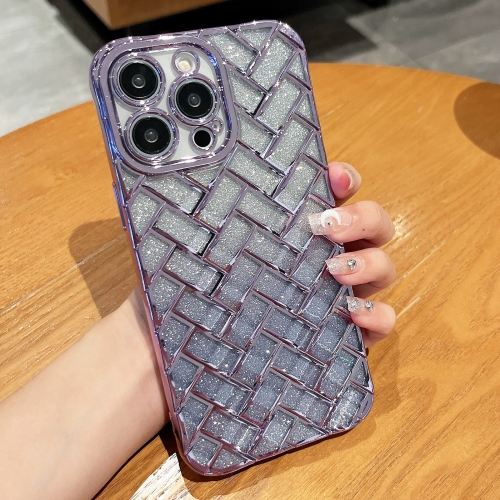 

For iPhone 12 Pro Woven Grid 3D Electroplating Laser Engraving Glitter Paper Phone Case(Purple)