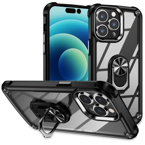 For iPhone 15 Pro Max TPU + PC Lens Protection Phone Case with Ring Holder(Black) for iphone 15 plus pinwuyo micro frosted pc ultra thin hard phone case with magsafe magnetic ring black