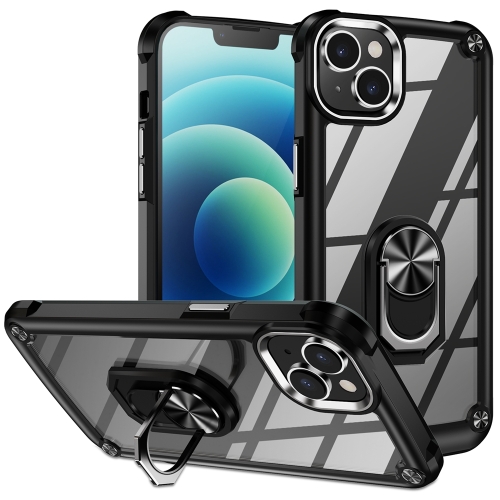 For iPhone 15 Plus TPU + PC Lens Protection Phone Case with Ring Holder(Black) puluz 30cm folding high 97 cri ring light photo lighting studio shooting tent box kit with 6 colors backdrops black white orange red green blue unfold size 30cm x 30cm x 30cm black