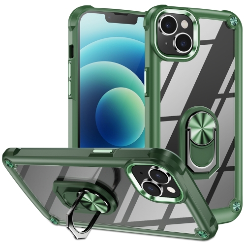 For iPhone 15 TPU + PC Lens Protection Phone Case with Ring Holder(Green) for iphone se 2022 se 2020 magnetic buckle retro crazy horse texture horizontal flip leather case with holder