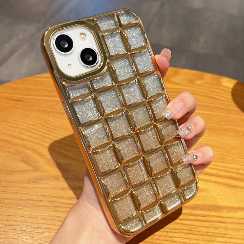 

For iPhone 14 Plus 3D Grid Glitter Paper Phone Case(Gold)