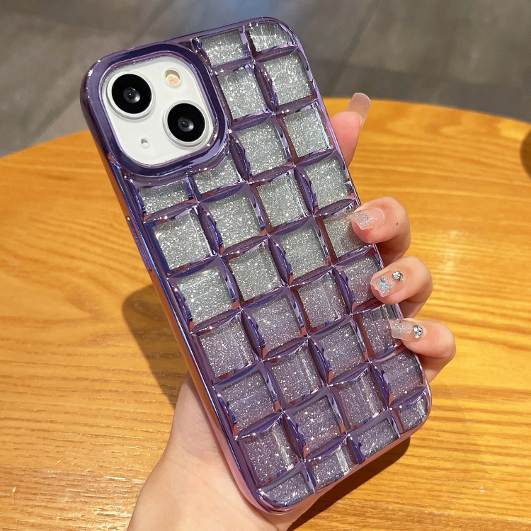 

For iPhone 14 3D Grid Glitter Paper Phone Case(Purple)