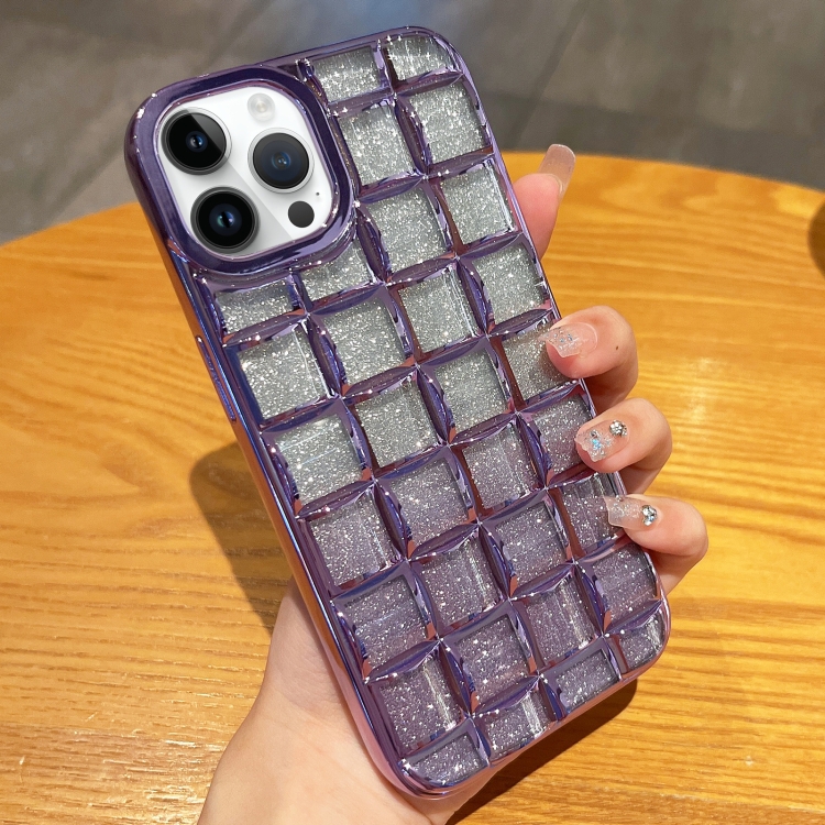 

For iPhone 14 Pro 3D Grid Glitter Paper Phone Case(Purple)