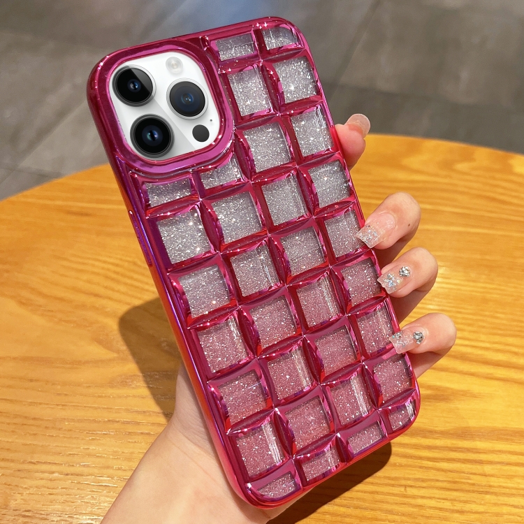 

For iPhone 14 Pro Max 3D Grid Glitter Paper Phone Case(Rose Red)