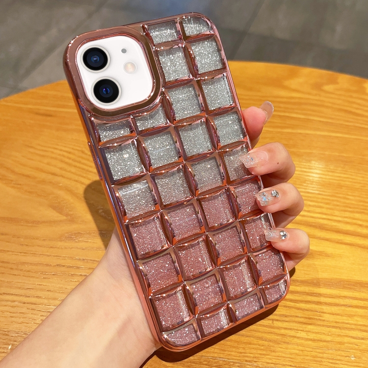 

For iPhone 12 / 12 Pro 3D Grid Glitter Paper Phone Case(Rose Gold)