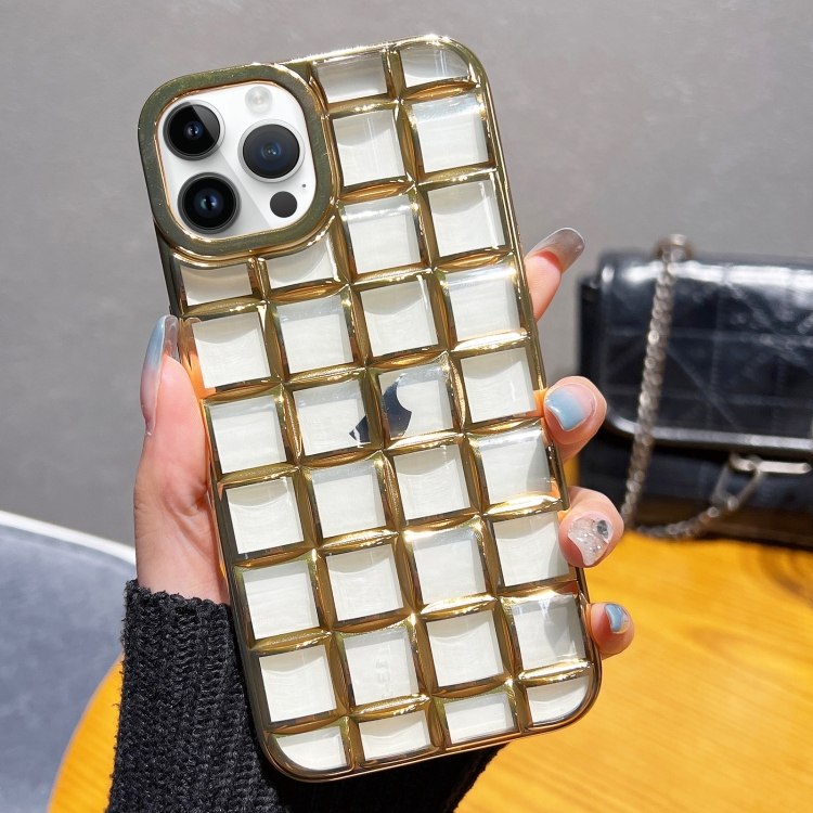 

For iPhone 14 Pro 3D Grid Phone Case(Gold)