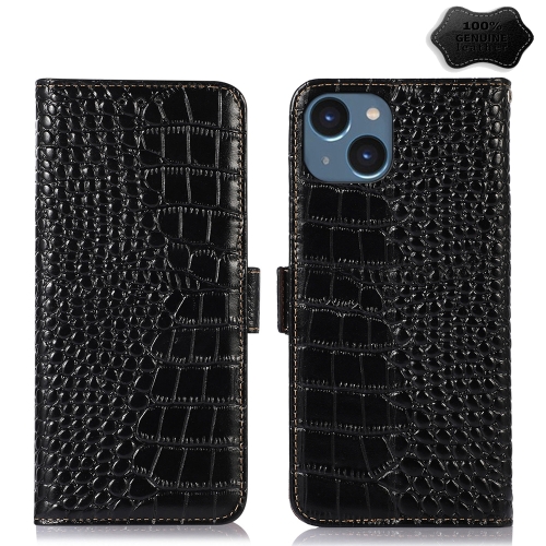 

For iPhone 15 Plus Crocodile Top Layer Cowhide Leather Phone Case(Black)
