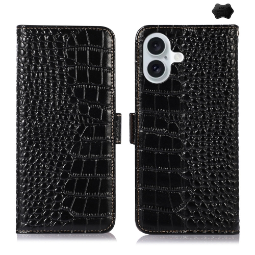 

For iPhone 16 Crocodile Top Layer Cowhide Leather Phone Case(Black)