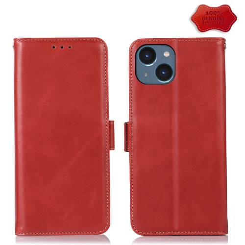 For iPhone 15 Crazy Horse Top Layer Cowhide Leather Phone Case(Red) hanboro alien skeleton mechanical airplane shape series dual movement watch men s automatic watch personalized cowhide strap