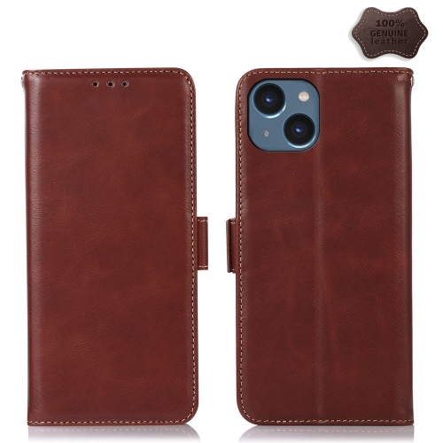 For iPhone 15 Plus Crazy Horse Top Layer Cowhide Leather Phone Case(Brown) 2023 new arrivel embossing retro technology belts for men genuine cowhide leather belt with v dragon pattern automatic buckle