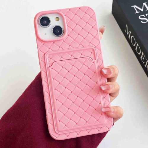 

For iPhone 14 Weave Texture Card Slot Skin Feel Phone Case(Pink)